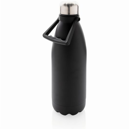eine schwarze wasserflasche mit einem griff auf weißem hintergrund Große Vakuumflasche aus RCS recyceltem Stainless-Steel 1,5L (Bild 1)