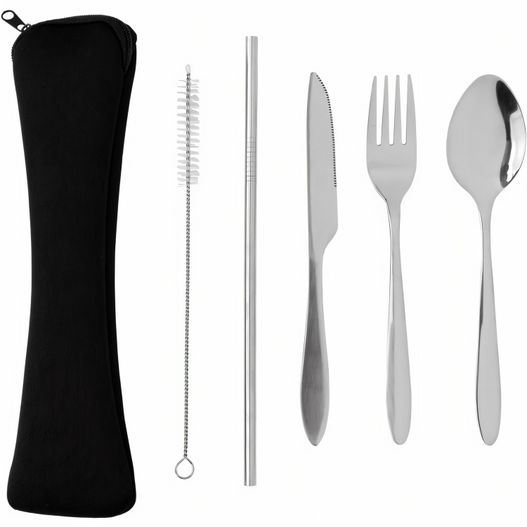 eine reihe von utensilien und eine schwarze tasche 4-teiliges wiederverwendbares Besteckset aus Stainless-Steel (Bild 1)
