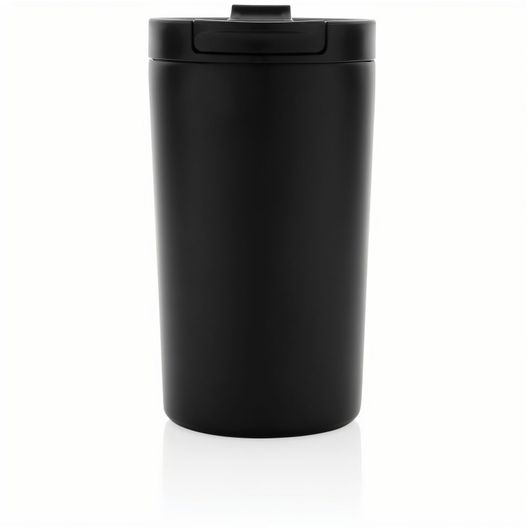 eine schwarze tasse mit einem deckel auf einer weißen oberfläche Doppelwandiger Vakuum-Becher aus RCS recyceltem SS (Bild 1)