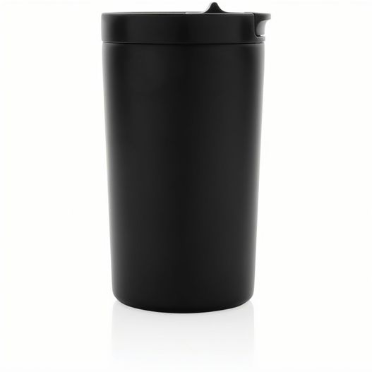 eine schwarze tasse mit einem deckel auf einer weißen oberfläche Doppelwandiger Vakuum-Becher aus RCS recyceltem SS (Bild 1)