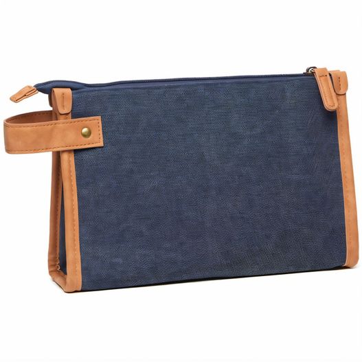 eine blaue und braune tasche mit einem lederband VINGA Bosler Kulturbeutel aus GRS recyceltem Canvas (Bild 1)