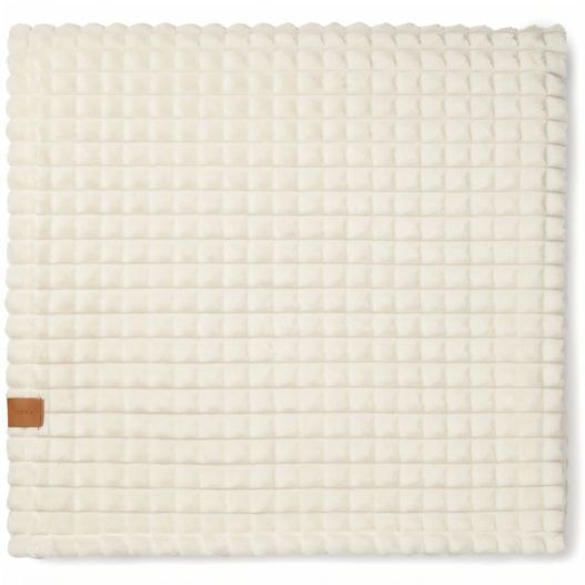 eine weiße decke mit einem braunen patch darauf VINGA Branson Decke aus GRS recyceltem PET (Bild 1)