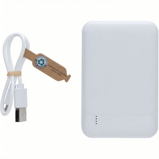 eine weiße strombank mit einem kabel und einem ladegerät 5.000mAh Powerbank aus RCS recyceltem Kunststoff (Bild 1)