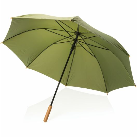 ein grüner schirm mit einem holzgriff auf weißem hintergrund 27" Impact AWARE™ RPET 190T Auto-Open Bambus-Schirm (Bild 1)