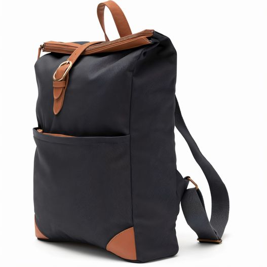 ein schwarzer rucksack mit einem braunen lederarmband VINGA Sloane-Rucksack RCS aus recyceltem Polyester (Bild 1)