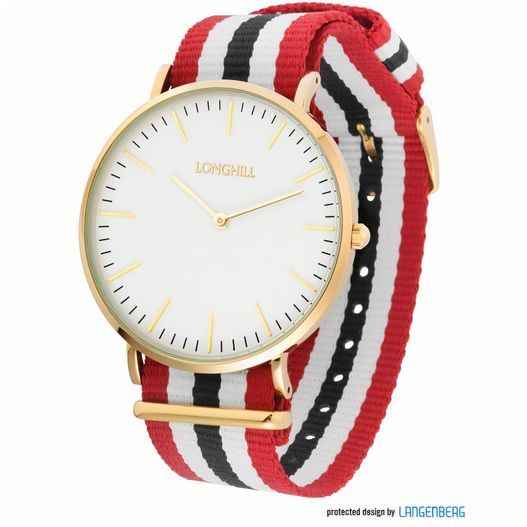 eine uhr mit einer roten, weißen und schwarzen band Metalluhr TEXSTYLE FLAT gold big (Bild 1)