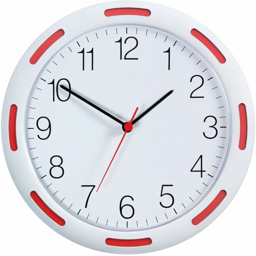 eine uhr mit roten händen und zahlen auf dem gesicht Quarz-Wanduhr U-1248 (Bild 1)