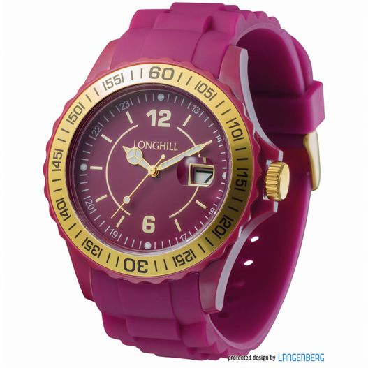 eine rosa uhr mit einer gelben lünette Kunststoffuhr LOGI GOLD (Bild 1)