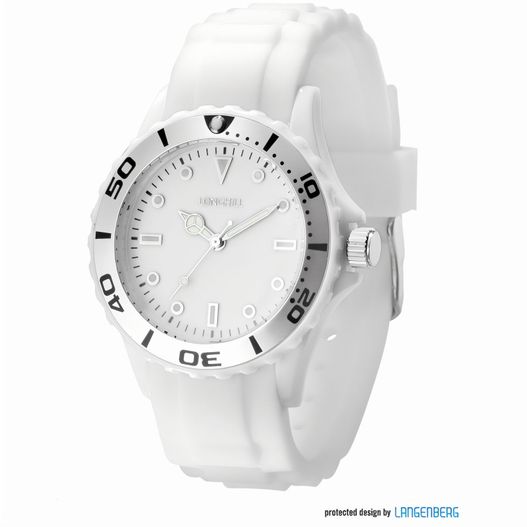 eine weiße uhr mit schwarzem gesicht und zahlen Kunststoffuhr LOGI LADY (Bild 1)