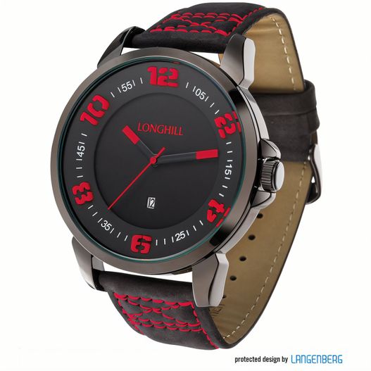 eine schwarze und rote uhr mit einem lederband Metalluhr ERIK (Bild 1)