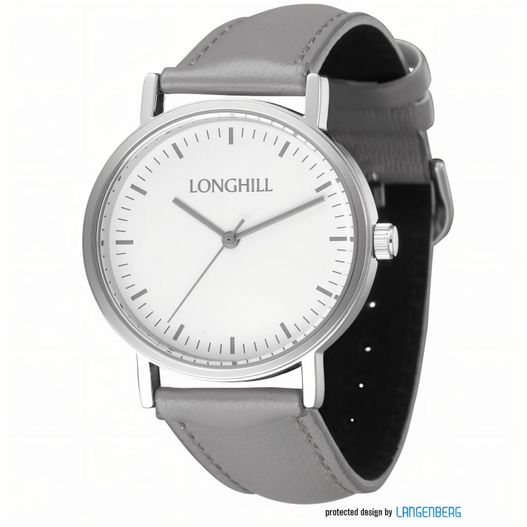 eine uhr mit einem weißen zifferblatt und einem grauen lederarmband Metalluhr LUCA (Bild 1)