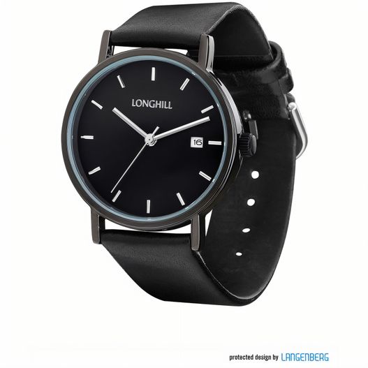 eine schwarze uhr mit einem schwarzen gesicht und einem schwarzen lederarmband Metalluhr EMIL (picture 1)