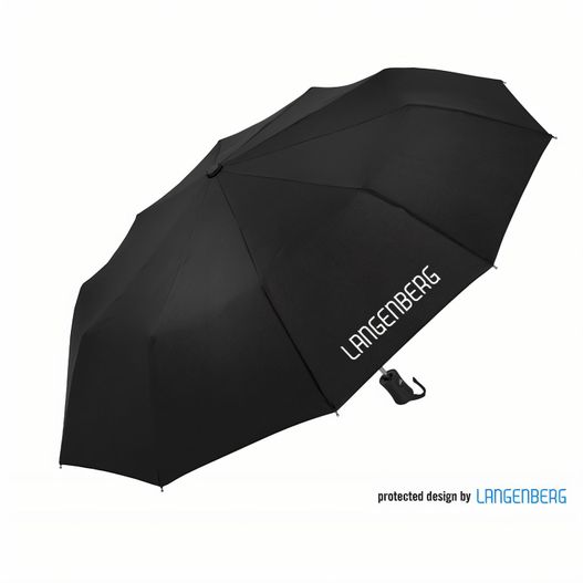 ein schwarzer regenschirm mit einem weißen logo auf ihm Taschenschirm PLOP (Bild 1)
