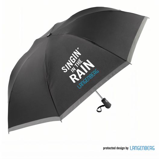 einen schwarzen schirm mit einem weißen griff und einem blauen logo Taschenschirm STRIKE MINI (Bild 1)