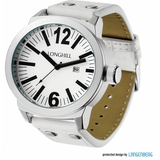 eine weiße uhr mit schwarzen zahlen auf einem weißen lederarmband Metalluhr JANNIS (Bild 1)