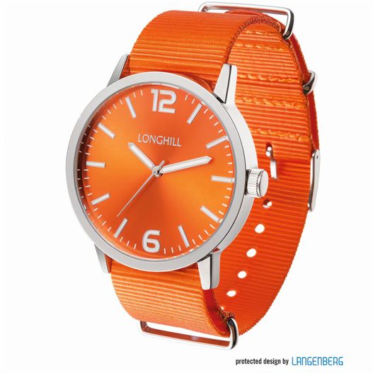eine uhr mit einem orangen armband auf einem weißen hintergrund Metalluhr TEXSTYLE (Bild 1)
