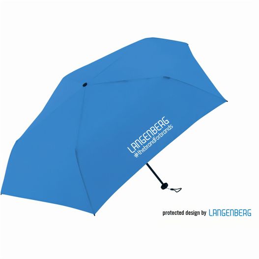 ein blauer regenschirm mit einem weißen logo auf ihm Taschenschirm FEDERLEICHT (Bild 1)