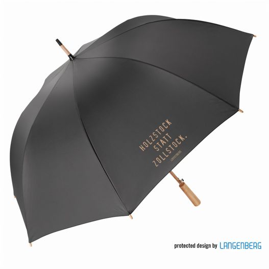 einen schwarzen schirm mit einem holzgriff und einem namen darauf Gastschirm TIMBER (Bild 1)