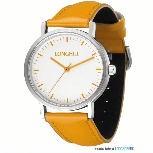 eine uhr mit einem weißen zifferblatt und gelbem lederarmband Metalluhr LUCA (Bild 1)