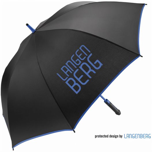 ein schwarzer regenschirm mit einem blauen logo auf ihm Gastschirm RIMINI (Bild 1)