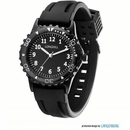 eine schwarze uhr mit schwarzem gesicht und schwarzem gummiband Metalluhr KNUT (Bild 1)