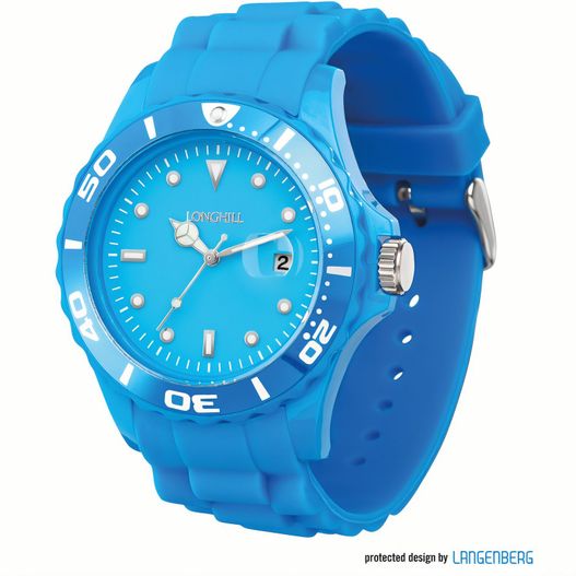 eine blaue uhr mit einem weißen gesicht und zahlen Kunststoffuhr LOGI (Bild 1)