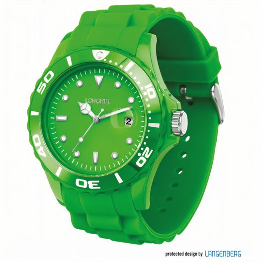 eine grüne uhr mit einem weißen gesicht und zahlen Kunststoffuhr LOGI (Bild 1)