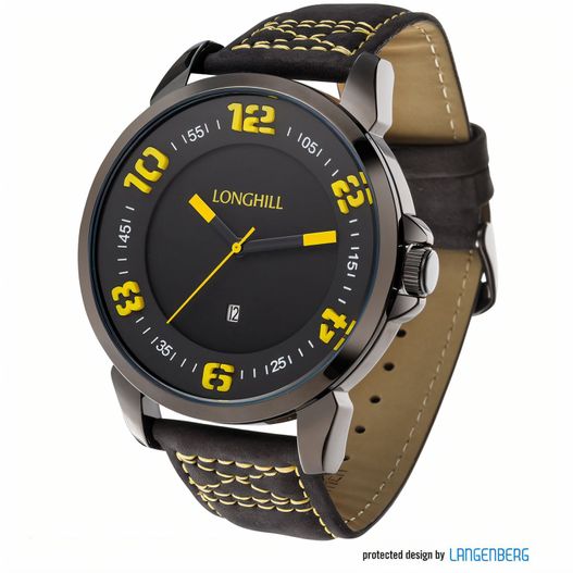 eine schwarze und gelbe uhr mit einem lederarmband Metalluhr ERIK (Bild 1)