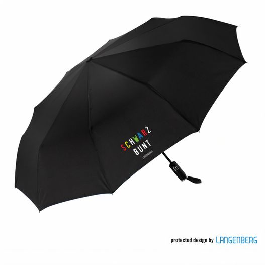 ein schwarzer regenschirm mit einem bunten logo auf ihm Taschenschirm FIN (Bild 1)