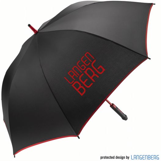 ein schwarzer regenschirm mit einem roten logo auf ihm Gastschirm RIMINI (Bild 1)