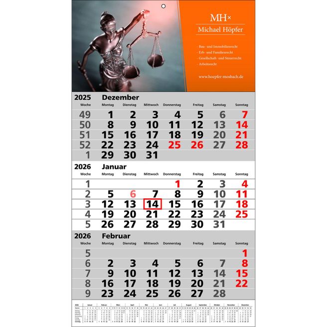 Papierwandkalender Standard 1 plus