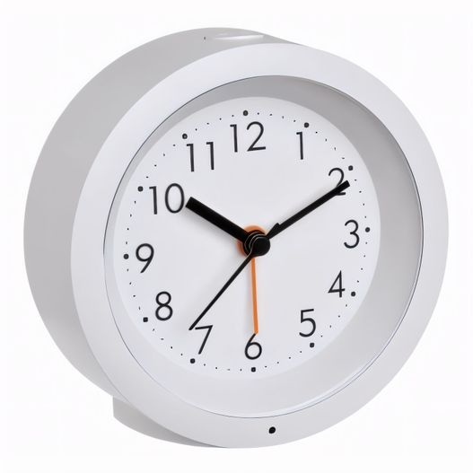 eine weiße uhr mit orangen händen auf weißem hintergrund Elektronischer Wecker (Bild 1)
