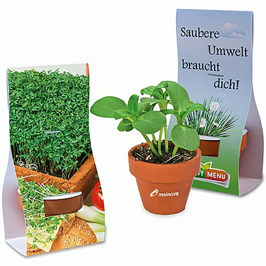 Logo-Töpfchen Überreichverpackung mit Samen - Gartenkresse (Bild 1)