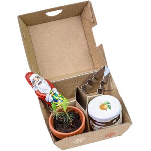 Geschenk-Set Xmas - V3 - Tontöpfchen, Schoko-Nikolaus, Backförmchen Tannenbaum und ein Gläschen Orangenmarmelade