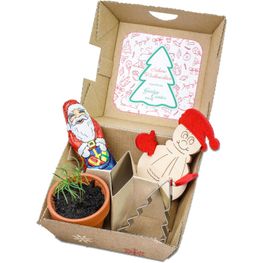 Geschenk-Set Xmas - V4 Tontöpfchen, Schoko-Nikolaus, Backförmchen Tannenbaum und  Steckfigur Schneemann aus Holz-Filz