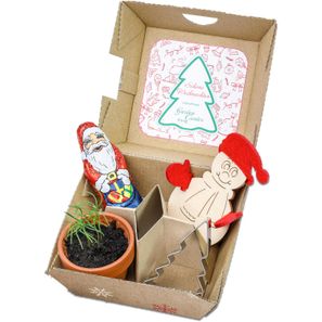 Geschenk-Set Xmas - V4 Tontöpfchen, Schoko-Nikolaus, Backförmchen Tannenbaum und  Steckfigur Schneemann aus Holz-Filz