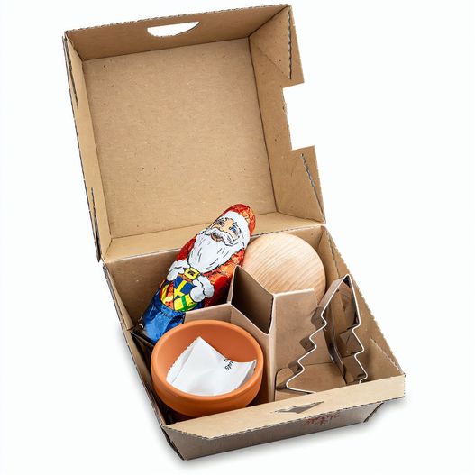 Geschenk-Set Xmas - V6 - Tontöpfchen mit Fichtensamen, Schoko-Nikolaus, Backförmchen Tannenbaum, Handschmeichler (Bild 1)