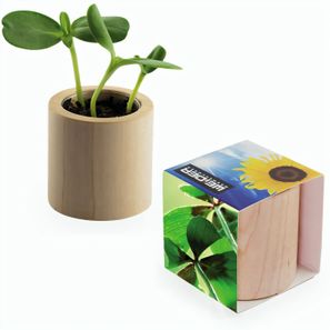 Pflanz-Holz rund mit Samen - Glücksklee-Zwiebel, Lasergravur (* Je nach Verfügbarkeit der Glücksklee-Zwiebeln)