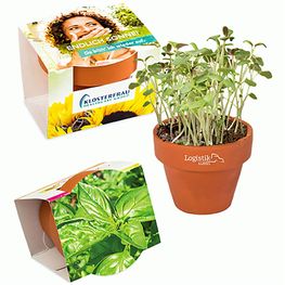 Logo-Töpfchen Komplettbanderole mit Samen - Basilikum