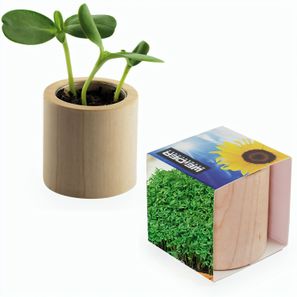 Pflanz-Holz rund mit Samen - Gartenkresse, Rundum-Lasergravur