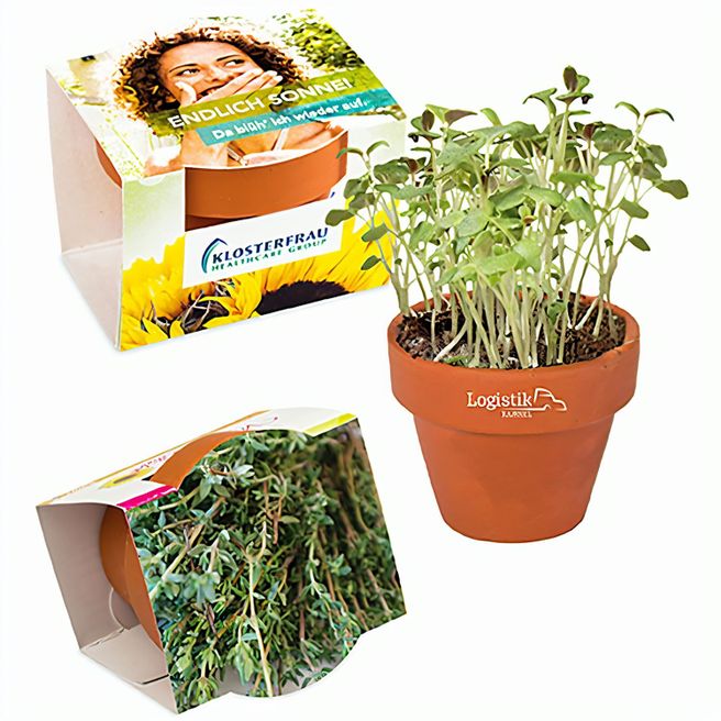 Logo-Töpfchen Komplettbanderole mit Samen - Thymian