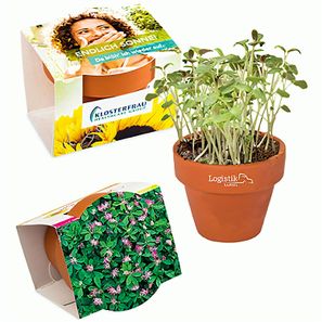 Logo-Töpfchen Komplettbanderole mit Samen - Persischer Klee