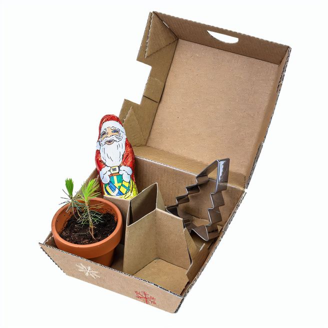 Geschenk-Set Xmas - V2 - Tontöpfchen, Schoko-Nikolaus und Backförmchen Tannenbaum