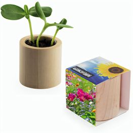 Pflanz-Holz rund mit Samen - Sommerblume, Rundum-Lasergravur