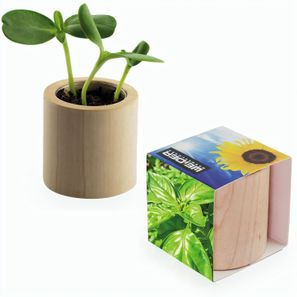 Pflanz-Holz rund mit Samen - Basilikum, Rundum-Lasergravur