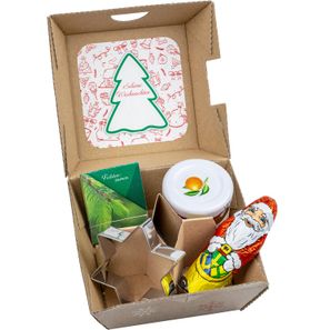 Geschenk-Set Xmas - V5 - Samen-Stick Fichte, Backförmchen Stern, ein Gläschen Orangenmarmelade und Schoko-Nikolaus