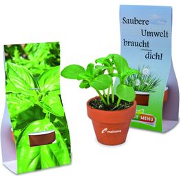 Logo-Töpfchen Überreichverpackung mit Samen - Basilikum