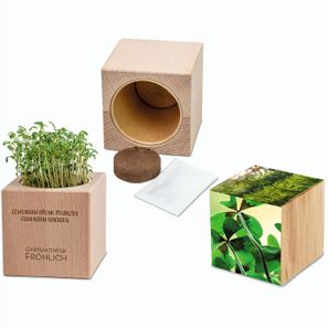 Pflanz-Holz Grande mit Samen - Glücksklee-Zwiebel, 1 Seite gelasert (* Je nach Verfügbarkeit der Glücksklee-Zwiebeln)