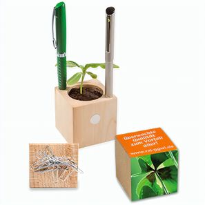 Pflanz-Holz Büro mit Samen - Glücksklee-Zwiebel, 1 Seite gelasert (* Je nach Verfügbarkeit der Glücksklee-Zwiebeln)