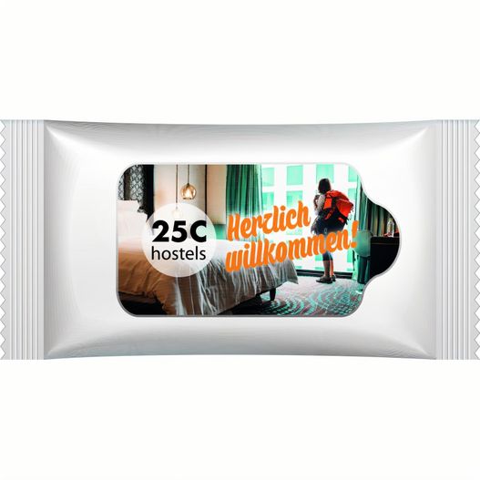 ein paket hot dog auf einem tisch sitzen Mini-Feuchttücher inkl. 4c Etikett Flow-Pack mit 10 Feuchttüchern (Bild 1)